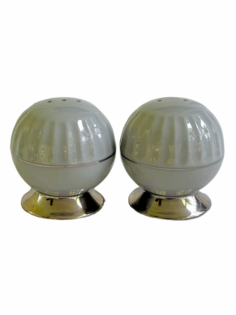 Vintage MCM Flintridge China Footed Ball Salt Pepper Shaker Gray Platinum Fluted